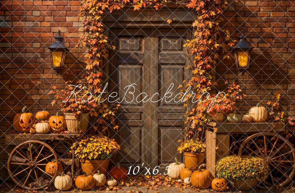 Kate Autumn Halloween Maple Leaf Brown Wood Door Backdrop Designed by Emetselch