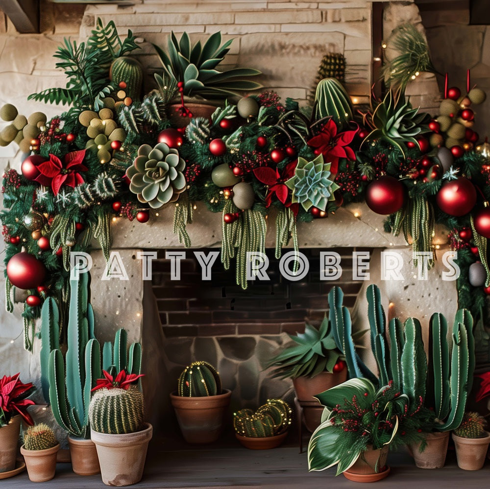 Fondo de chimenea de ladrillo verde de cactus salvaje del oeste de Navidad diseñado por Patty Robert