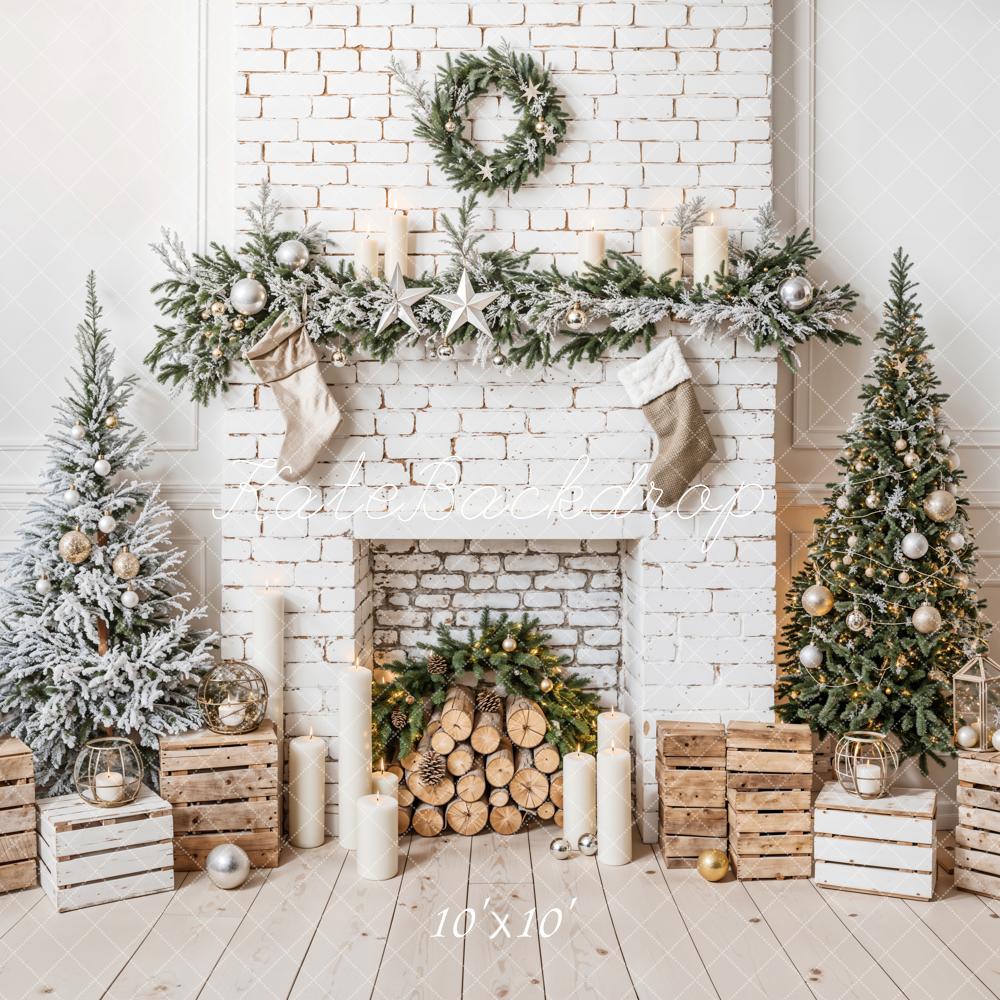 Kate Christmas Tree White Brick Fireplace Retro Wall Backdrop Designed by Emetselch