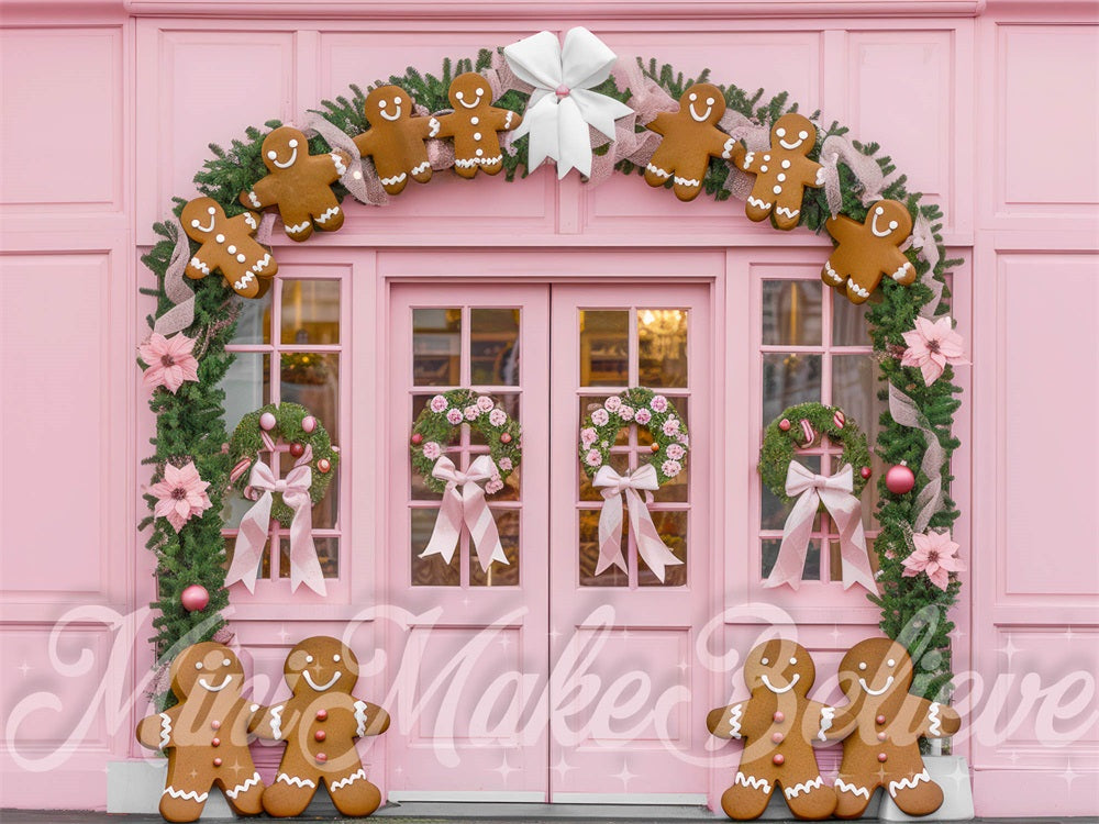 Sfondo negozio a tema Natale rosa in stile pan di zenzero disegnato da Mini MakeBelieve.