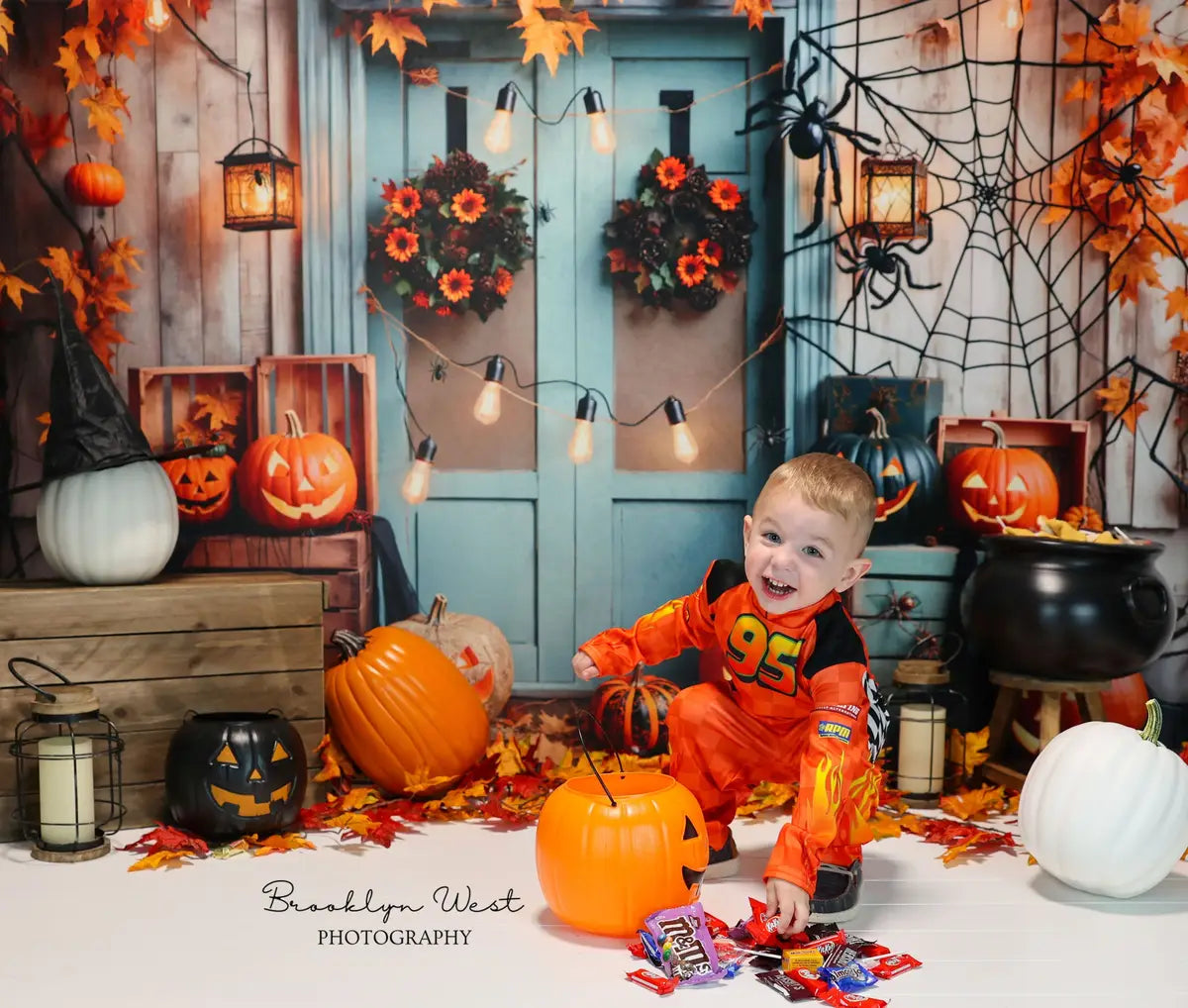 Kate Halloween Pumpkin Maple Blue Wood Door Backdrop Designed by Emetselch