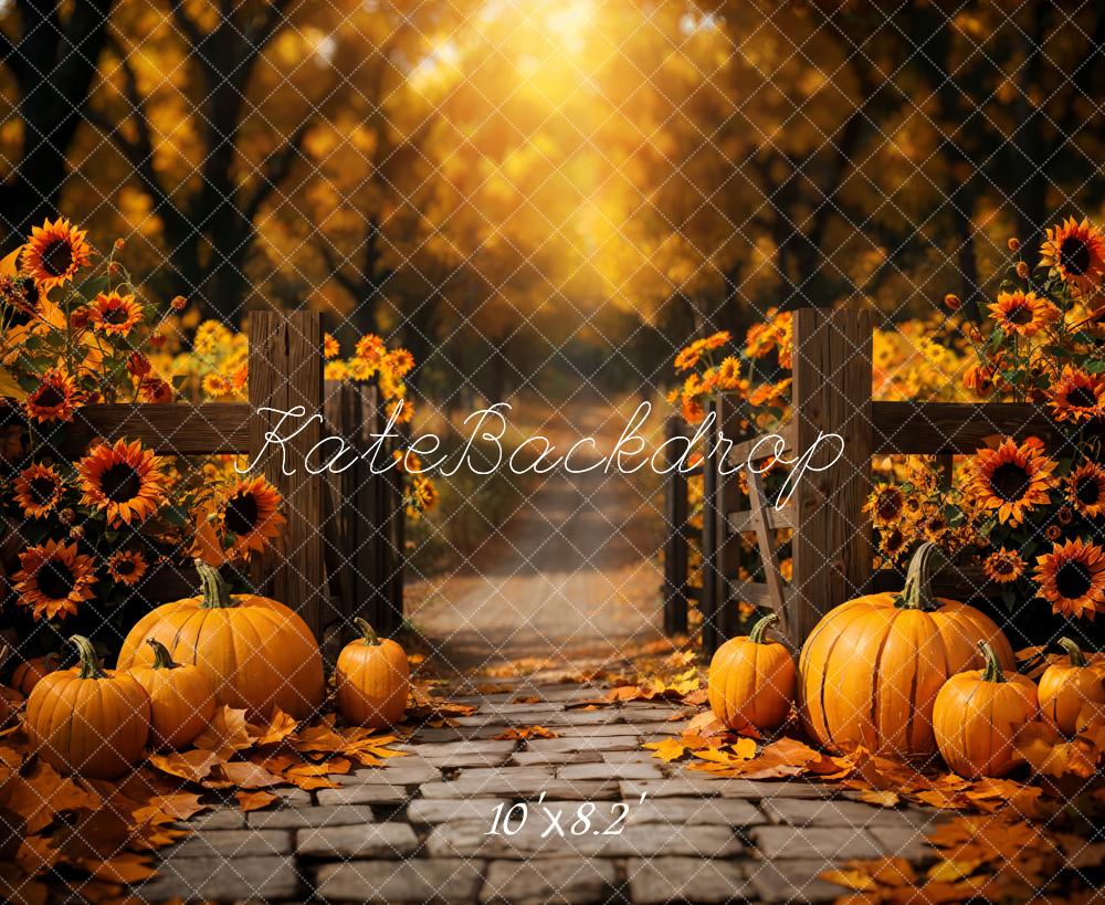 Kate Fall Pumpkin Sunflower Forest Path Backdrop Designed by Emetselch