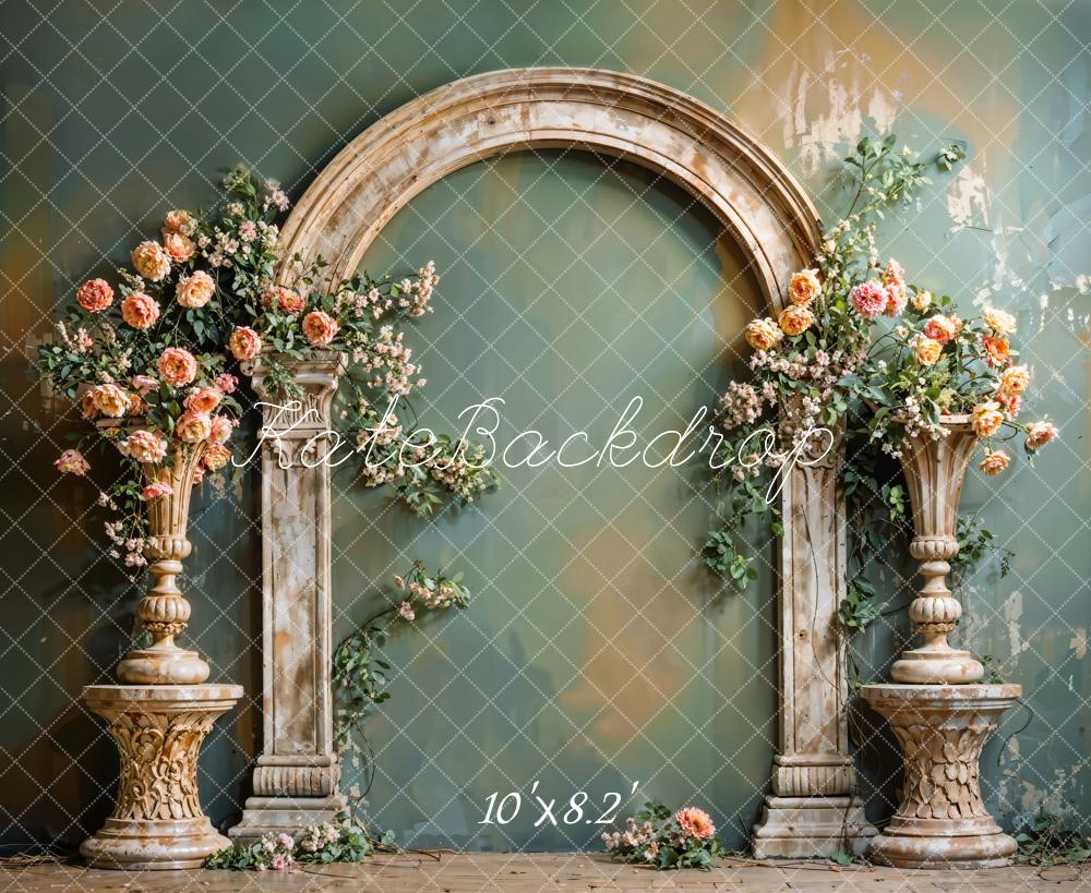 Fondo de Pared Verde Vintage de Flores de Arte Fino Diseñado por Emetselch