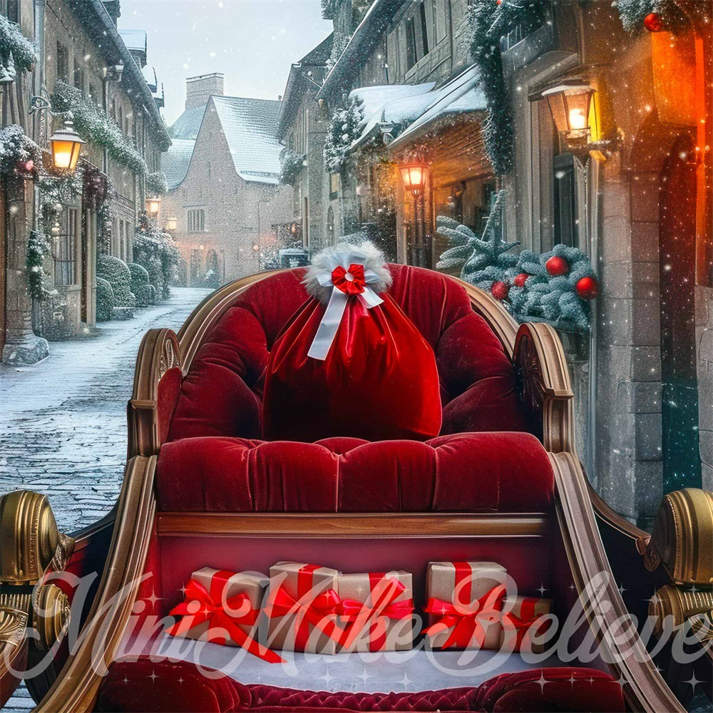 Winter Kerststraat Rode Slee Foto Achtergrond Designed by Mini MakeBelieve