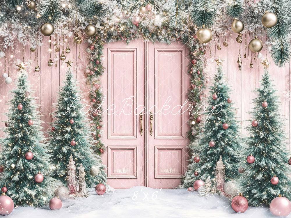 Kate Christmas Tree Pink Door Snowy Backdrop Designed by Lidia Redekopp