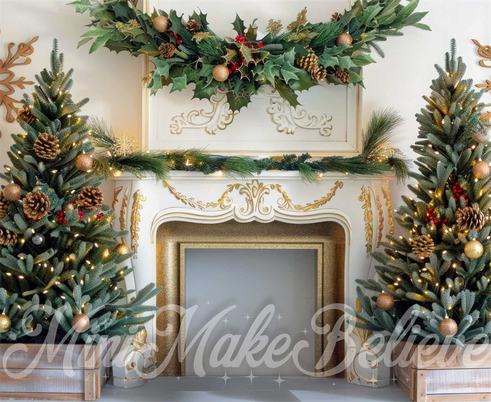 Kate Christmas Tree Golden Vintage Floral White Fireplace Backdrop Designed by Mini MakeBelieve