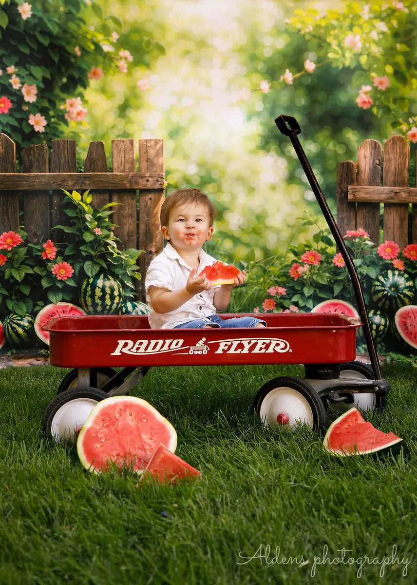 Kate Summer Bokeh Green Plant Colorful Flower Watermelon Brown Fence Backdrop Designed by Emetselch