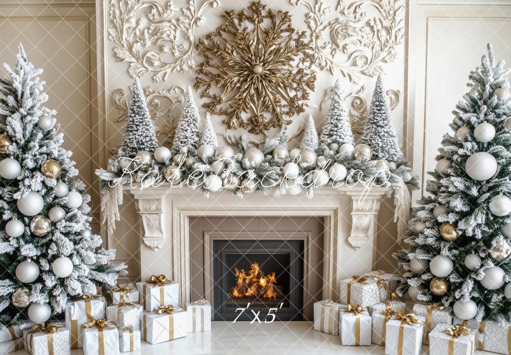 Kate Christmas Tree Elegant Snowy Fireplace Backdrop Designed by Patty Roberts