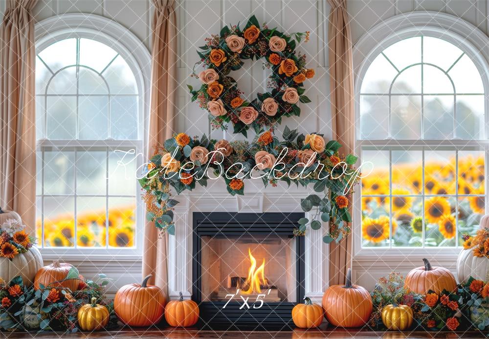 Kate Fall Pumpkin Sunflower Fireplace Wreath Backdrop Designed by Mini MakeBelieve