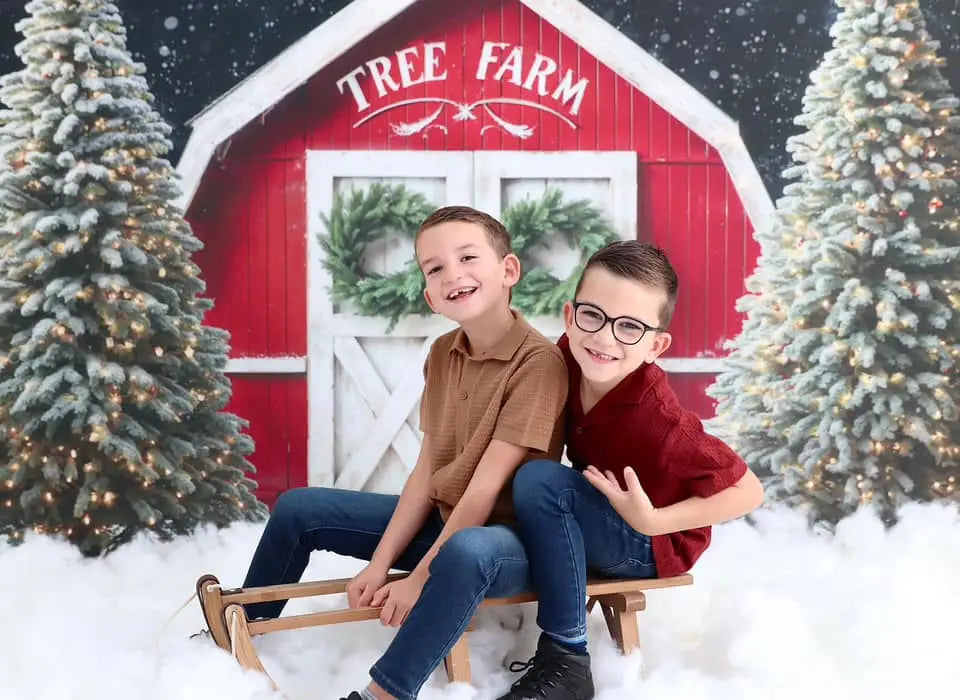 Kate Winter Christmas Tree Farm Red Barn Backdrop Designed by Chain Photography