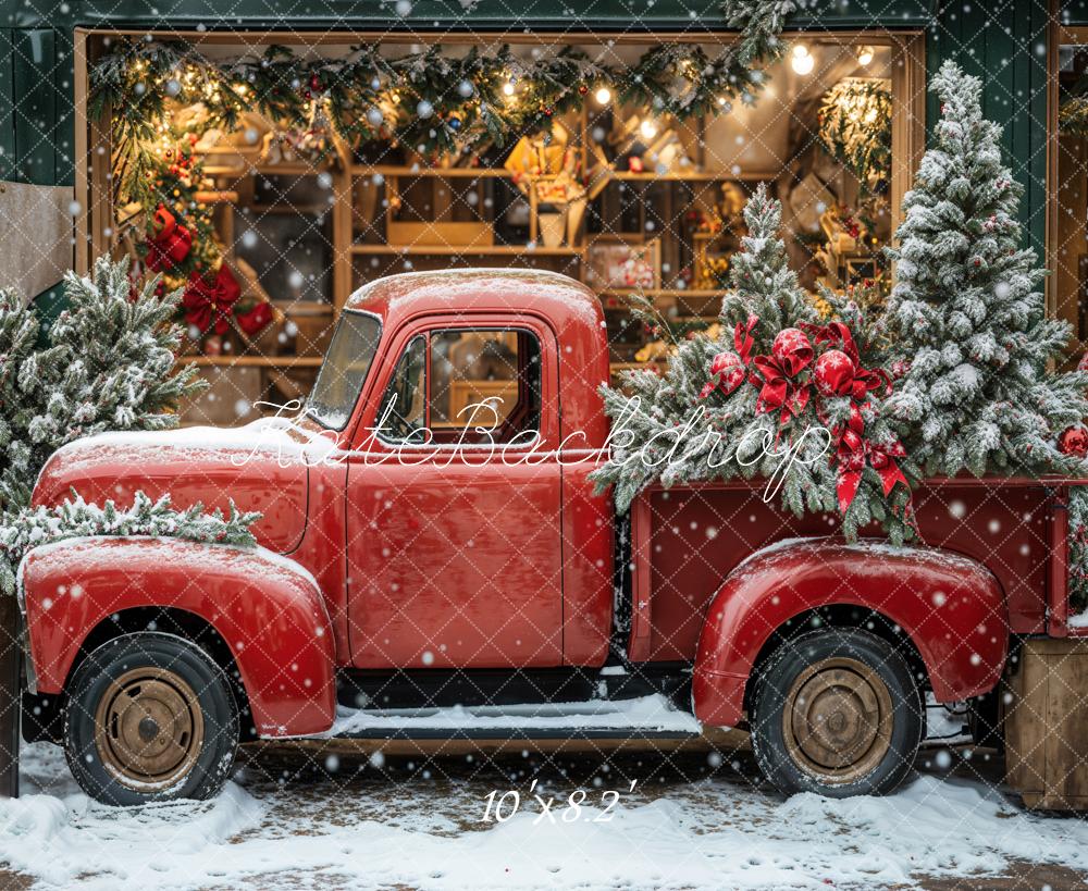 Kate Christmas Storefront Red Truck Snowy Backdrop Designed by Emetselch