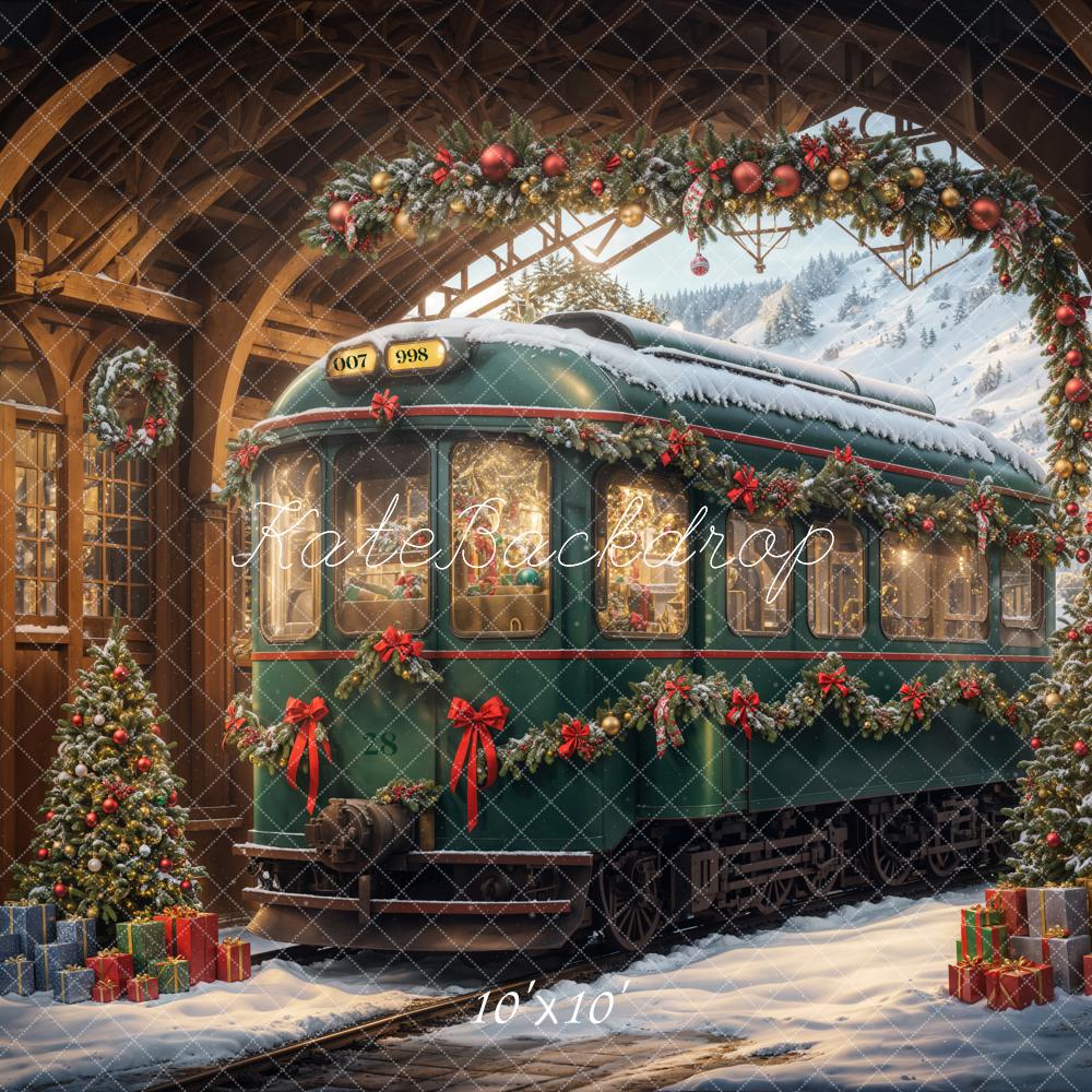 Kate Christmas Tree Arch Green Retro Train Backdrop Designed by Emetselch