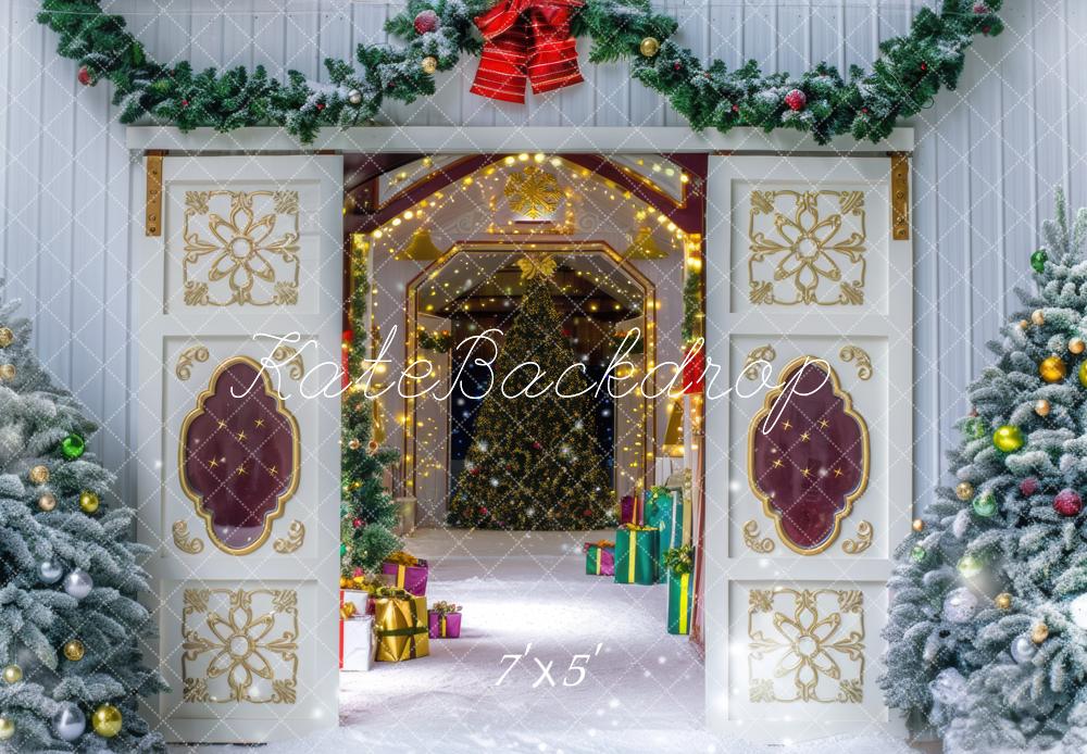 Kate Christmas Snowy Barn Trees Backdrop Designed by Mini MakeBelieve