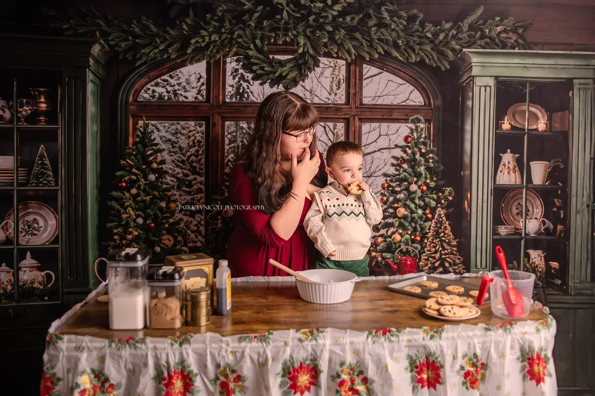 Fondo de cocina retro en tonos verde oscuro para Navidad diseñado por Emetselch