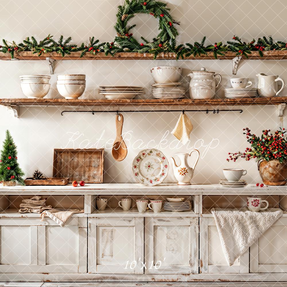 Kate Christmas Kitchen White Cabinet Cutlery Backdrop Designed by Emetselch