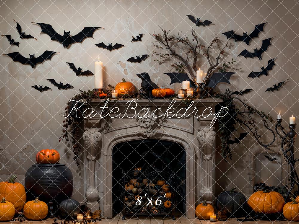 Kate Halloween Bat Gray Retro Fireplace Backdrop Designed by Emetselch