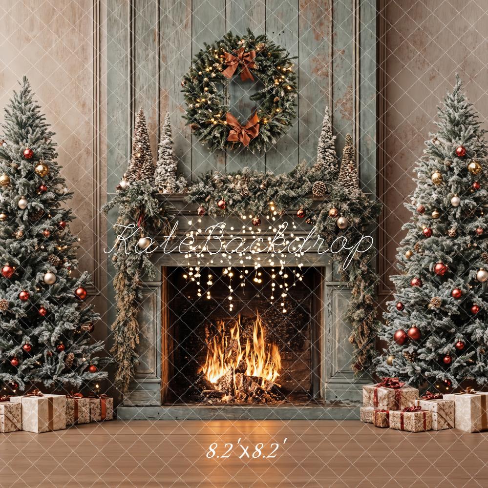 Kate Christmas Tree Vintage Fireplace Khaki Walls Backdrop Designed by Emetselch