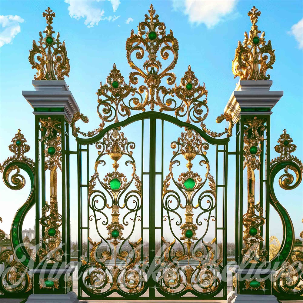 Kate Wicked Golden Retro Floral Iron Gate Backdrop Designed by Mini MakeBelieve