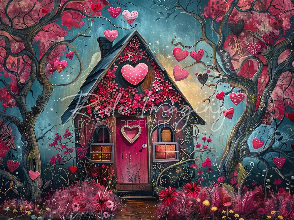 Arte Fantastica Cartoon Forest Red Heart Hut Backdrop Progettata da Lidia Redekopp