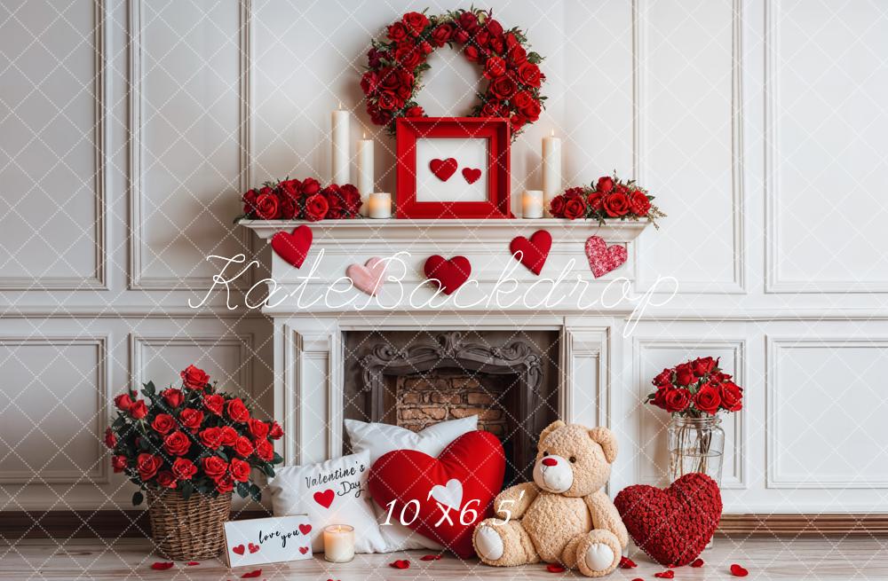 Kate Valentine Fireplace Teddy Bear Roses Backdrop Designed by Emetselch