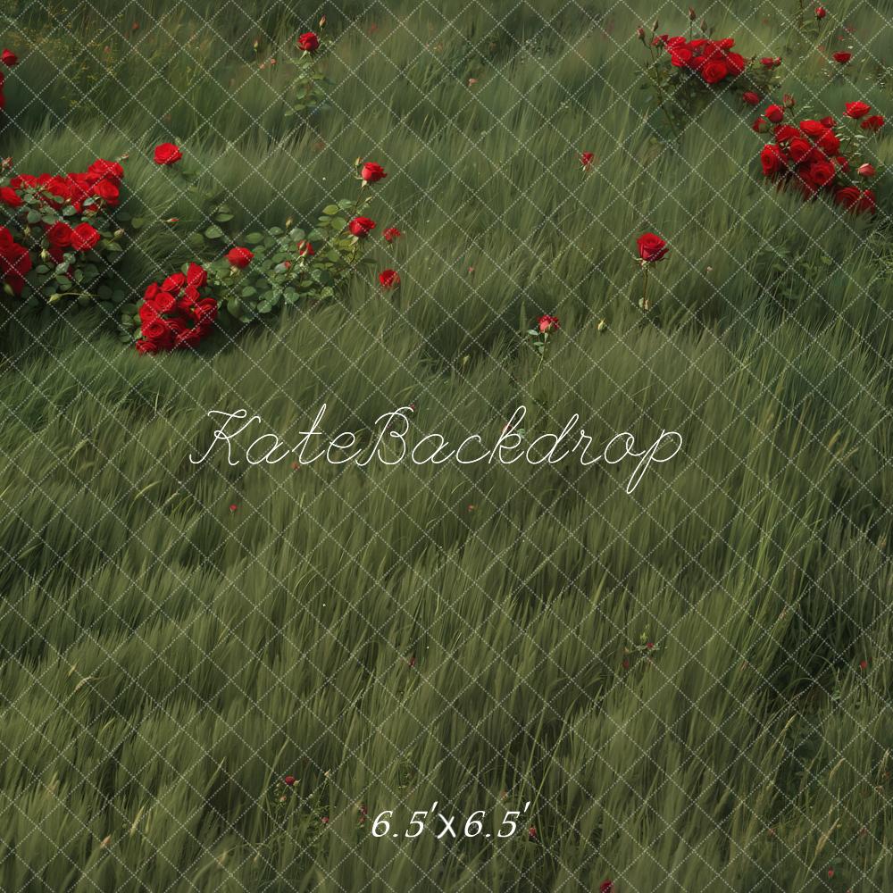 Kate Green Grass Red Roses Floor Backdrop Designed by Emetselch