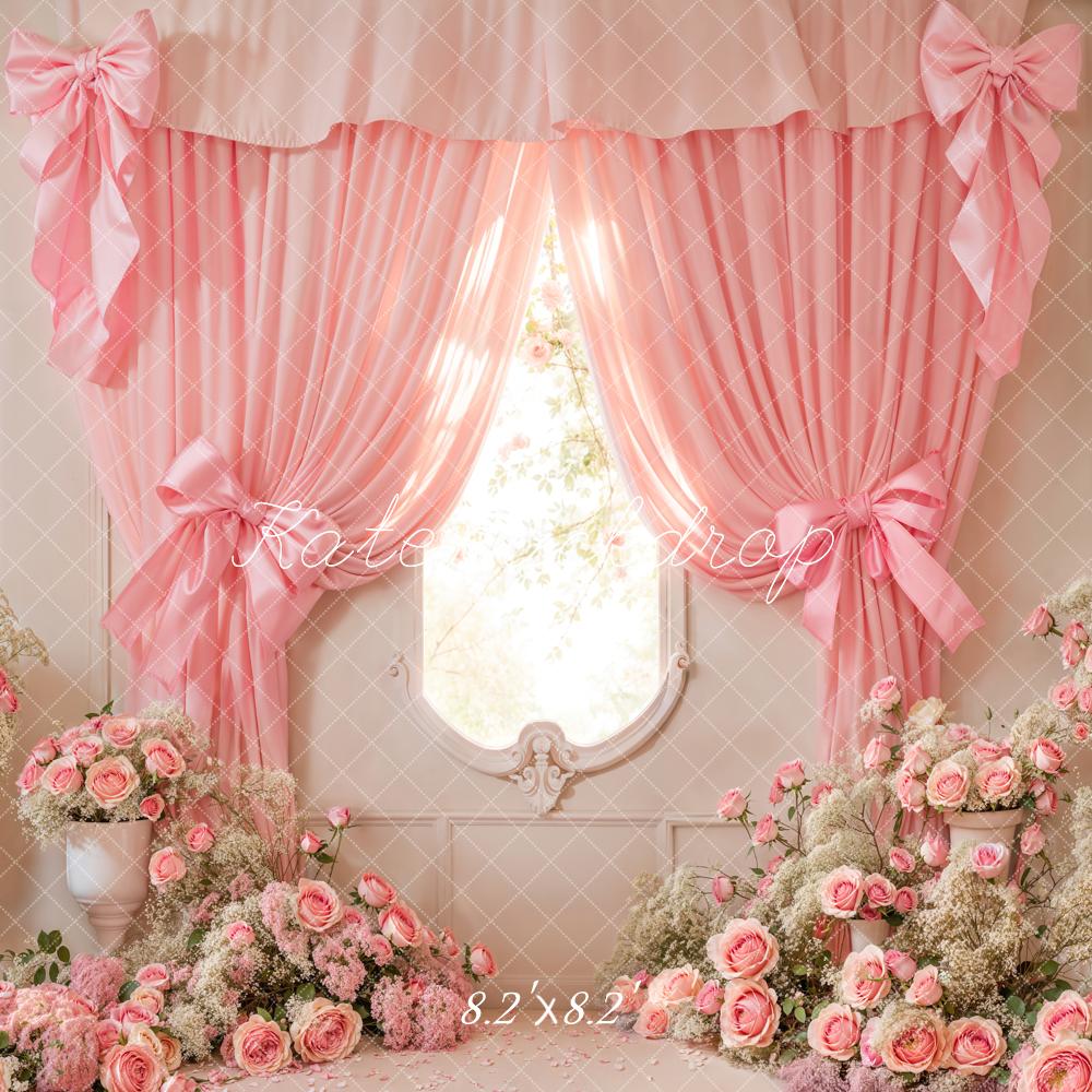 Kate Cake Smash Pink Floral Curtain Bow Backdrop Designed by Emetselch