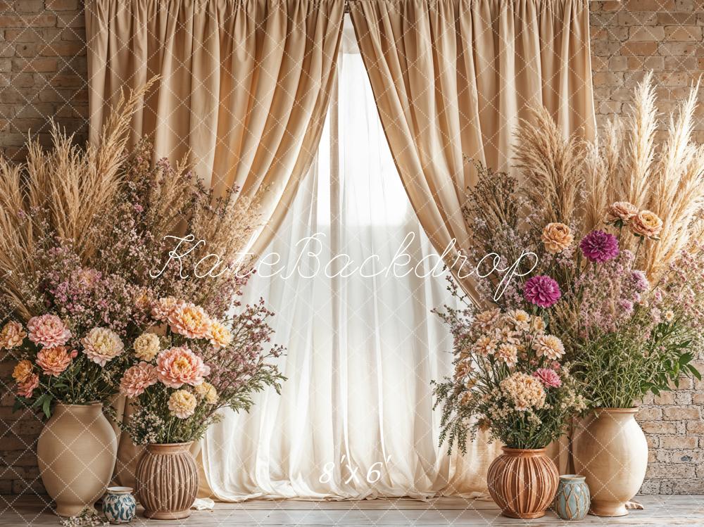 Kate Boho Floral Beige Curtain Vase Backdrop Designed by Emetselch