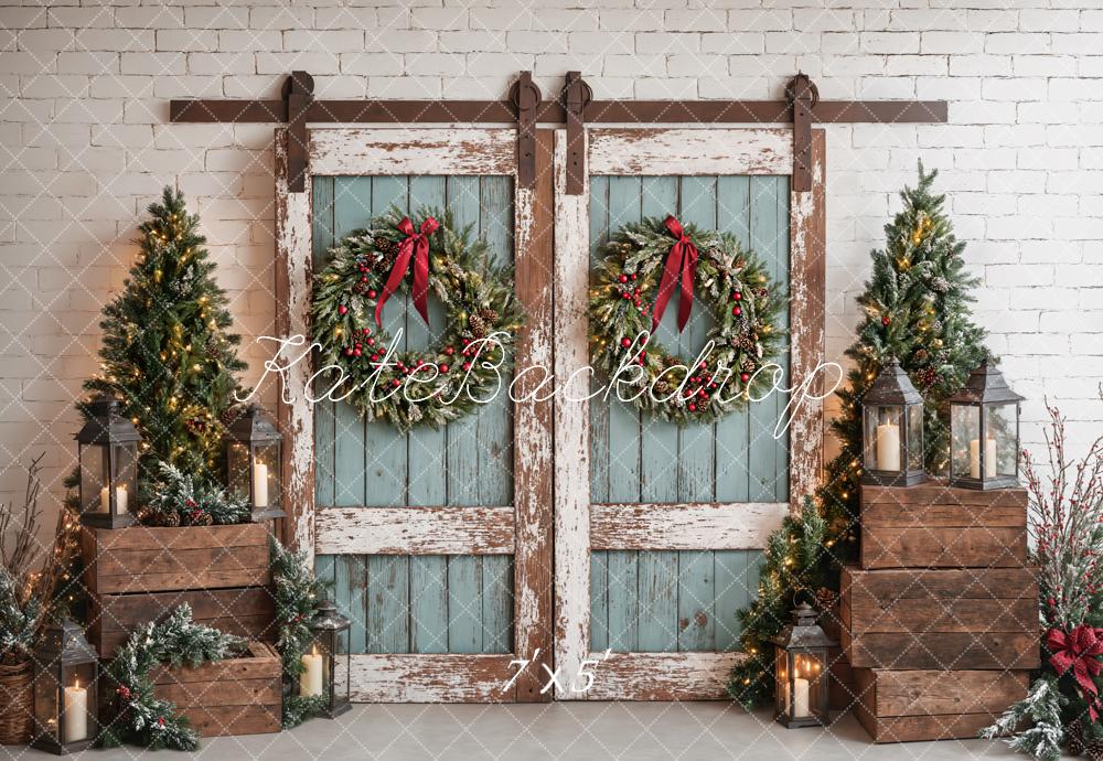 Fondo Rústico Vintage de Puerta Azul de Navidad Diseñado por Emetselch