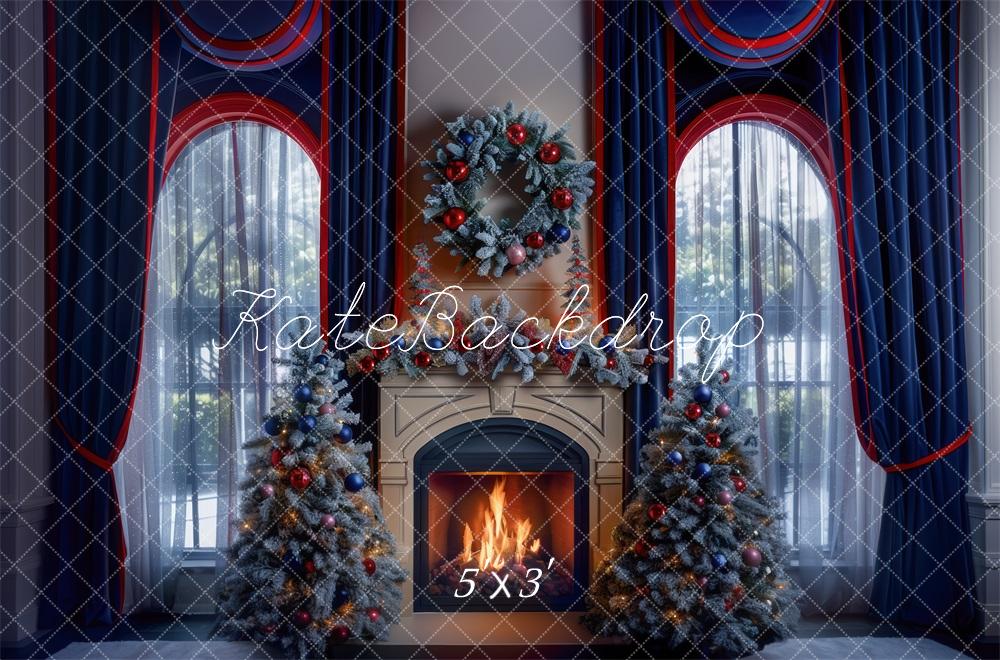 Kate Christmas Navy Red Curtains Fireplace Window Backdrop Designed by Mini MakeBelieve