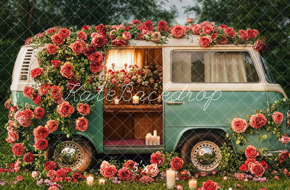 Kate Valentine's Day Floral Vintage Campervan Backdrop Designed by Emetselch