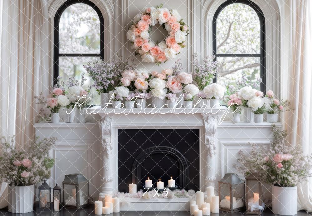 Kate Spring White Floral Fireplace Backdrop Designed by Mini MakeBelieve