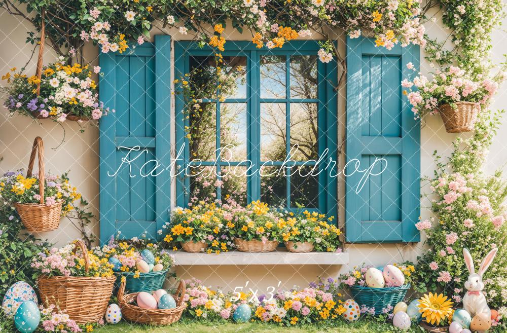 Kate Easter Bunny Floral Blue Window Backdrop Designed by Emetselch