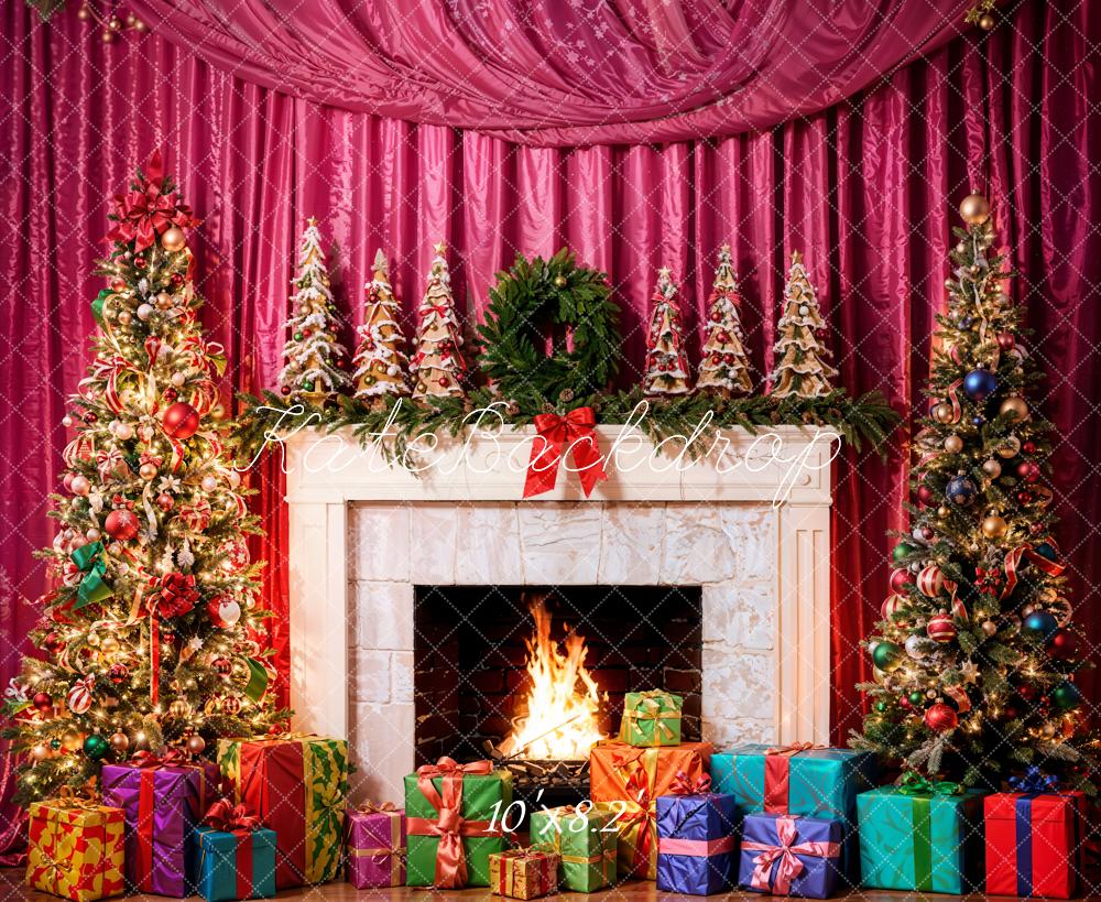 Kate Christmas Interior White Marble Fireplace Red Curtain Backdrop Designed by Emetselch