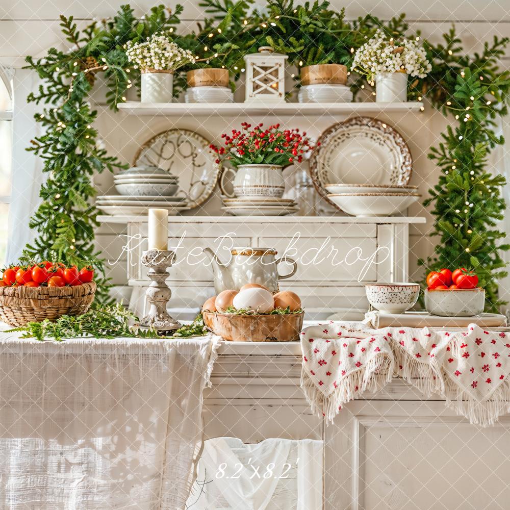 Fondo de cocina blanca navideña con plantas y utensilios de cocina diseñado por Emetselch