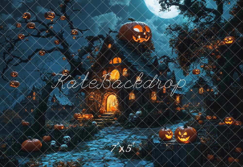 Kate Halloween Night Pumpkin Lanterns Wooden Cabin Backdrop Designed by Emetselch