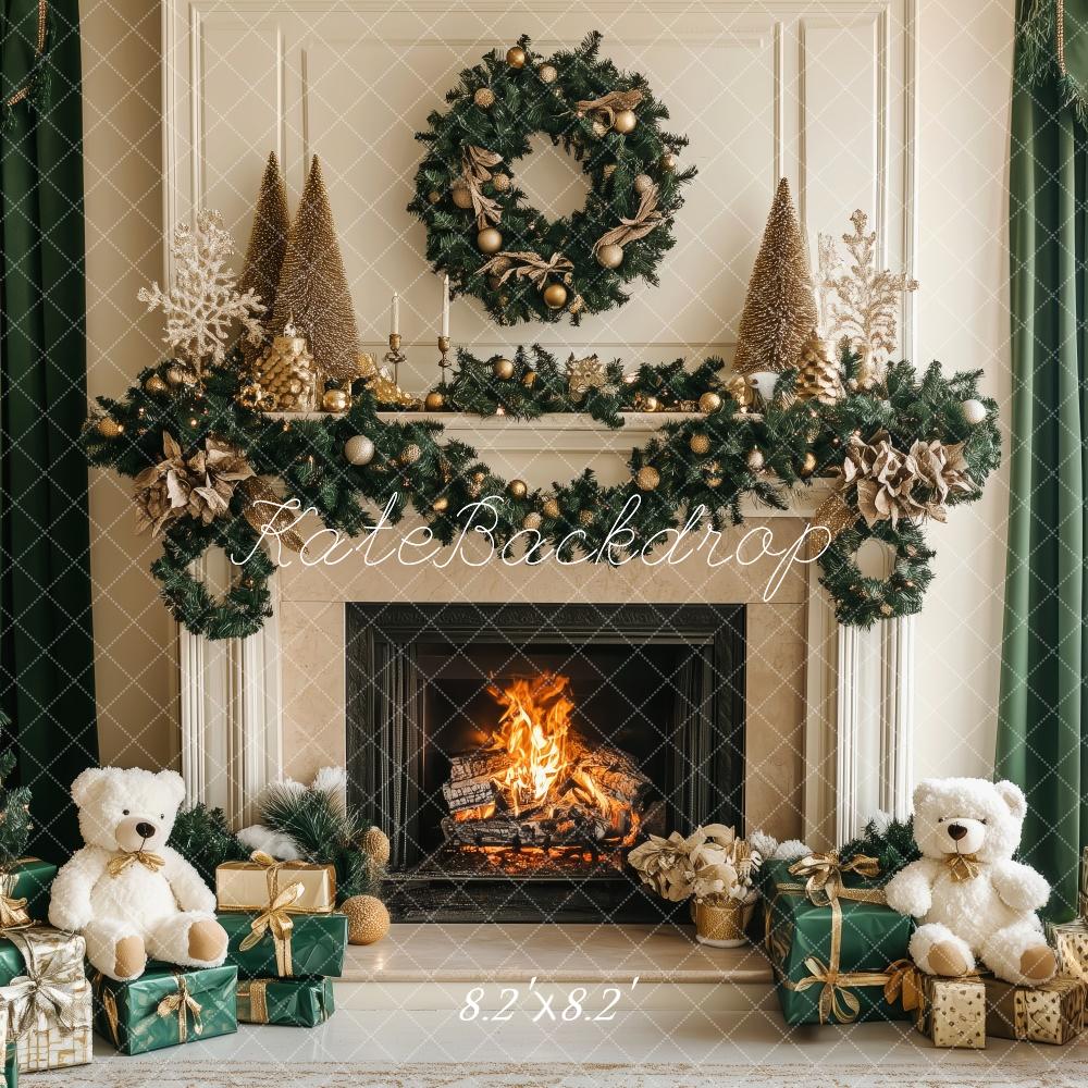 Kate Christmas Tree Fireplace Teddy Bears Backdrop Designed by Patty Roberts