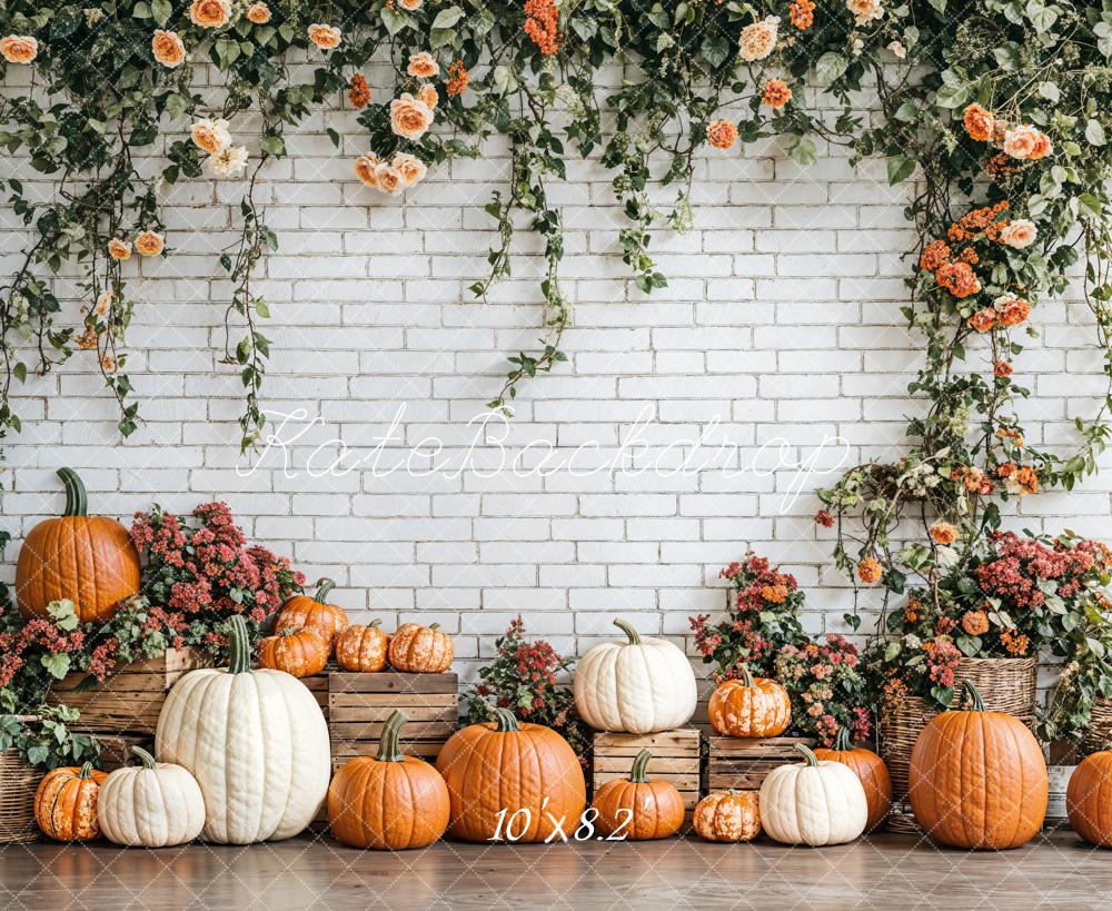 Kate Fall Pumpkins Floral Brick Wall Backdrop Designed by Emetselch