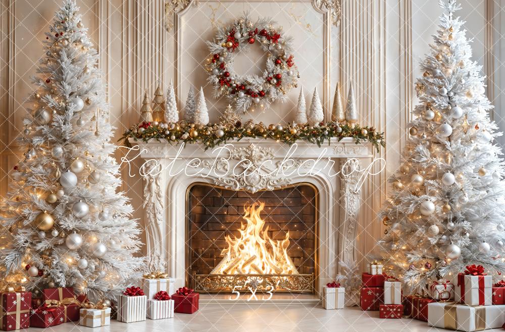 Kate Christmas Fireplace White Trees Gifts Backdrop Designed by Emetselch