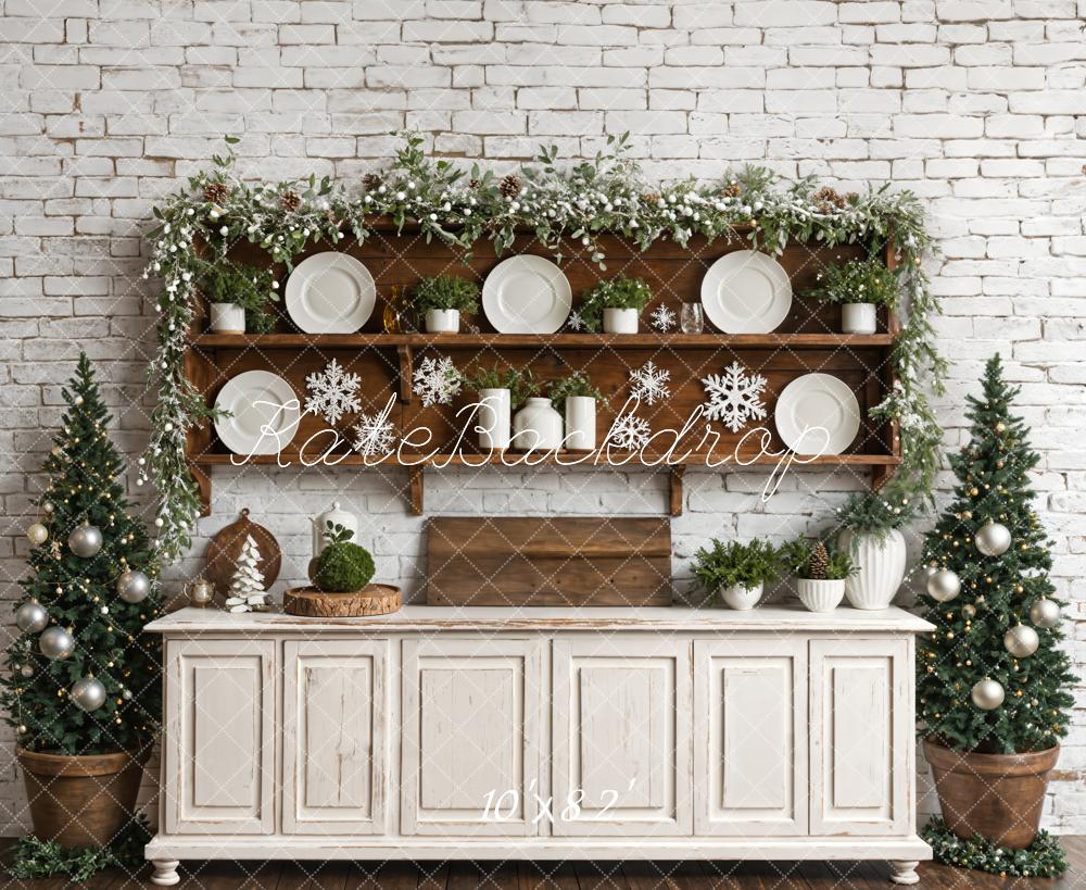 Kate Christmas White Retro Kitchen Brick Wall Backdrop Designed by Emetselch