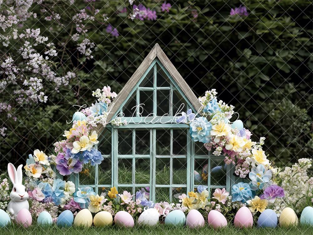 Kate Easter Bunny Floral Green House Backdrop Designed by Mini MakeBelieve