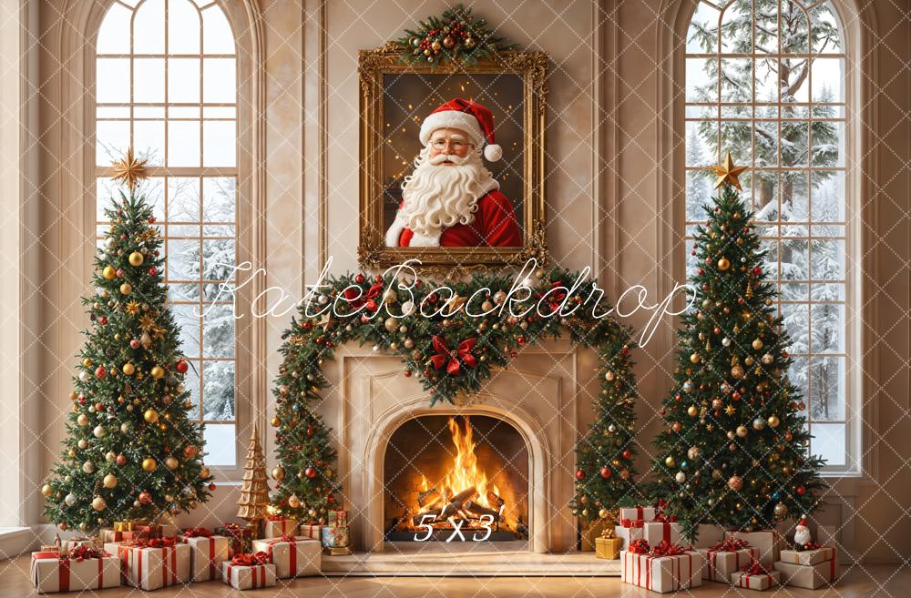 Kate Christmas Tree Fireplace Santa Claus Portrait Vintage Window Backdrop Designed by Emetselch