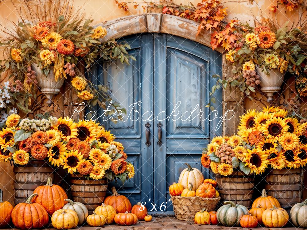 Kate Boho Sunflower Pumpkin Blue Wooden Arch Door Beige Wall Backdrop Designed by Emetselch