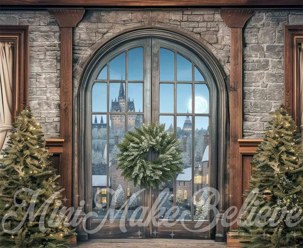 Kate Christmas Indoor Retro Arched Window Gray Stone Wall Backdrop Designed by Mini MakeBelieve