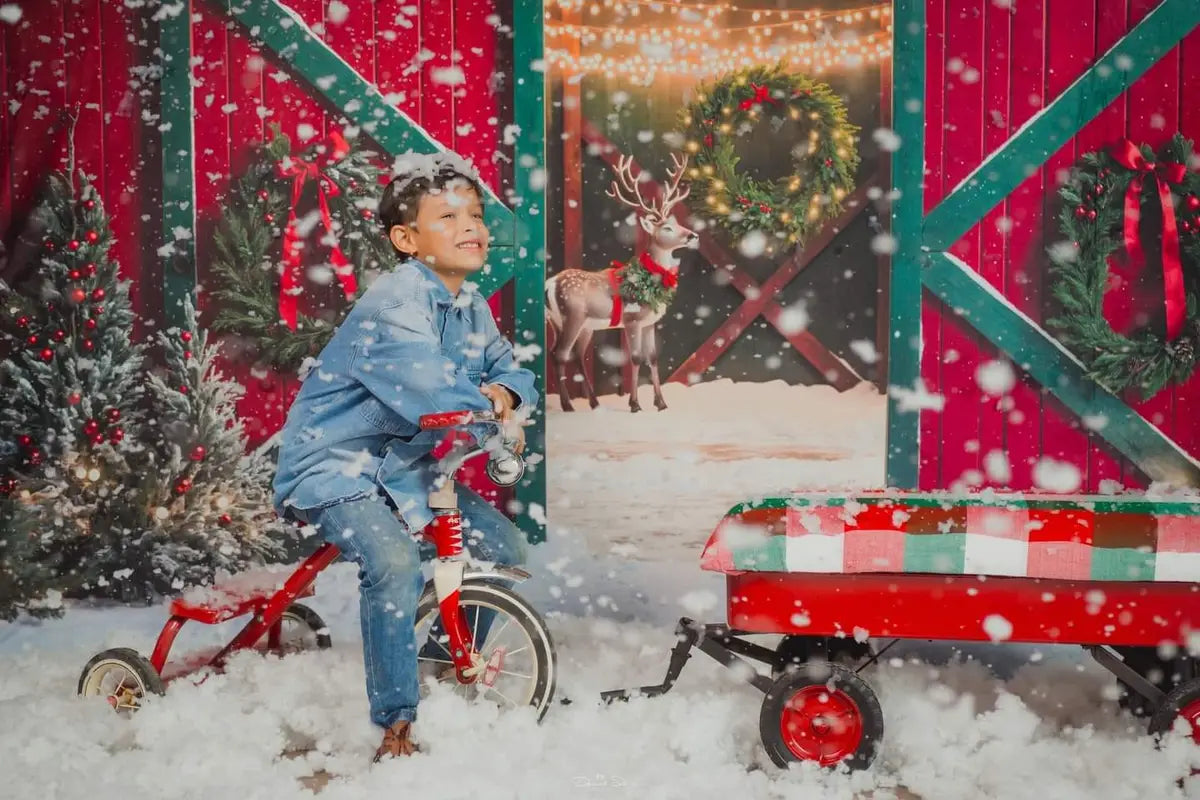 Decoración de Fondo de Granero Rojo y Verde con Alce de Navidad Diseñada por Emetselch