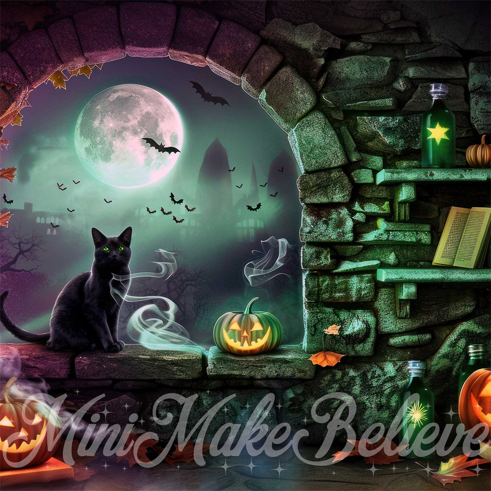 Kate Halloween Dark Stone Arched Window Witch Room Backdrop Designed by Mini MakeBelieve