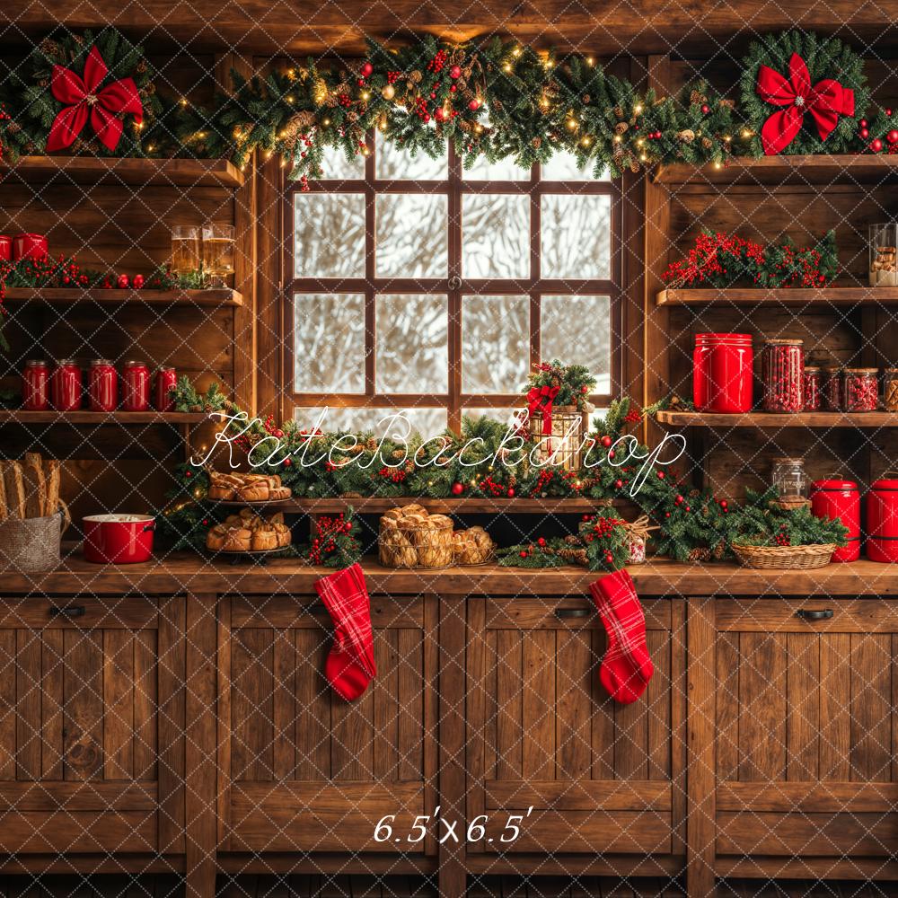 Cocina Navideña de Brown Wooden Cabinets Red Stocking Backdrop Designed by Emetselch