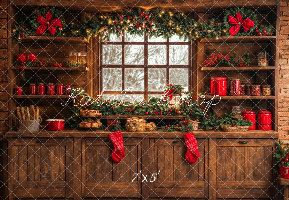 Kate Christmas Kitchen Brown Wooden Cabinets Red Stocking Backdrop Designed by Emetselch