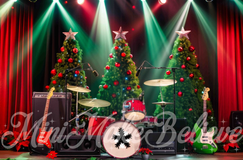 Retro Kerstboom Rock Muziek Podium Foto Achtergrond Designed by Mini MakeBelieve