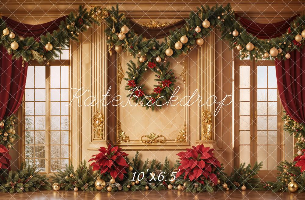 Kate Christmas Window Poinsettia Curtains Backdrop Designed by Emetselch