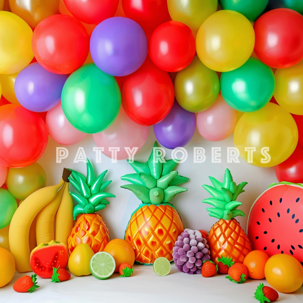 Fondo de arcos de globos coloridos de verano con frutas diseñado por Patty Robert